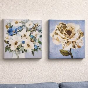 Blue Gold Abstract & Floral Canvas Art Set (2) | 8x8 Modern Neutral Art